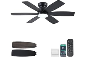 Kviflon 46 inch Ceiling Fans with Lights and Remote/APP Control, Low Profile Ceiling Fan with Light, Flush Mount, 3CCT, 6 Rev