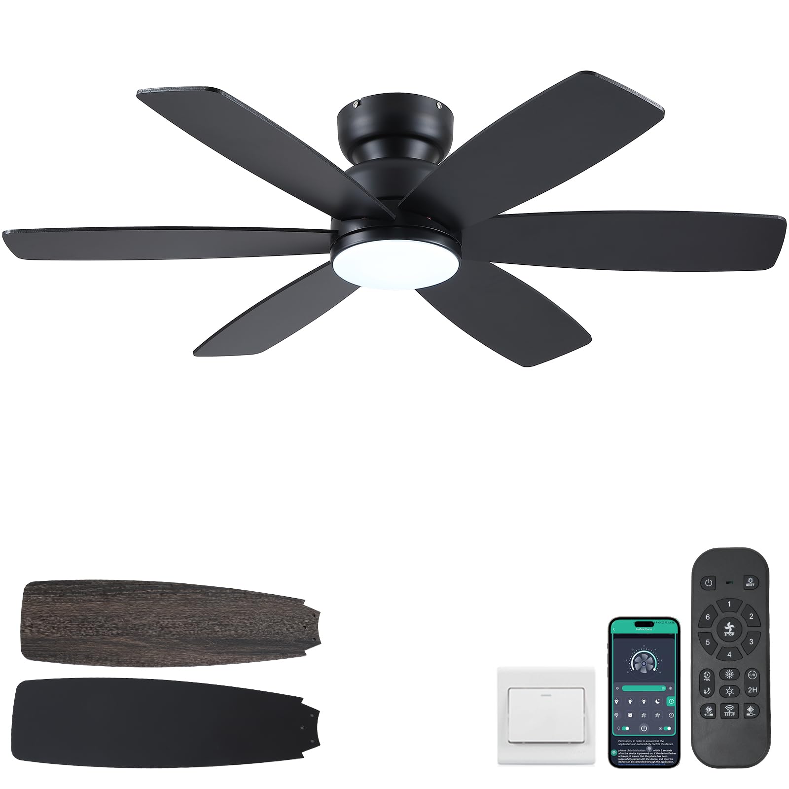 Photo 1 of Kviflon 46 Inch Modern Ceiling Fans with Lights Remote/APP Control, Low Profile Ceiling Fan with Light, Flush Mount, 3CCT, 6 Reversible Blades, 6 Speeds, Double Sided for Bedroom Living Room, Black