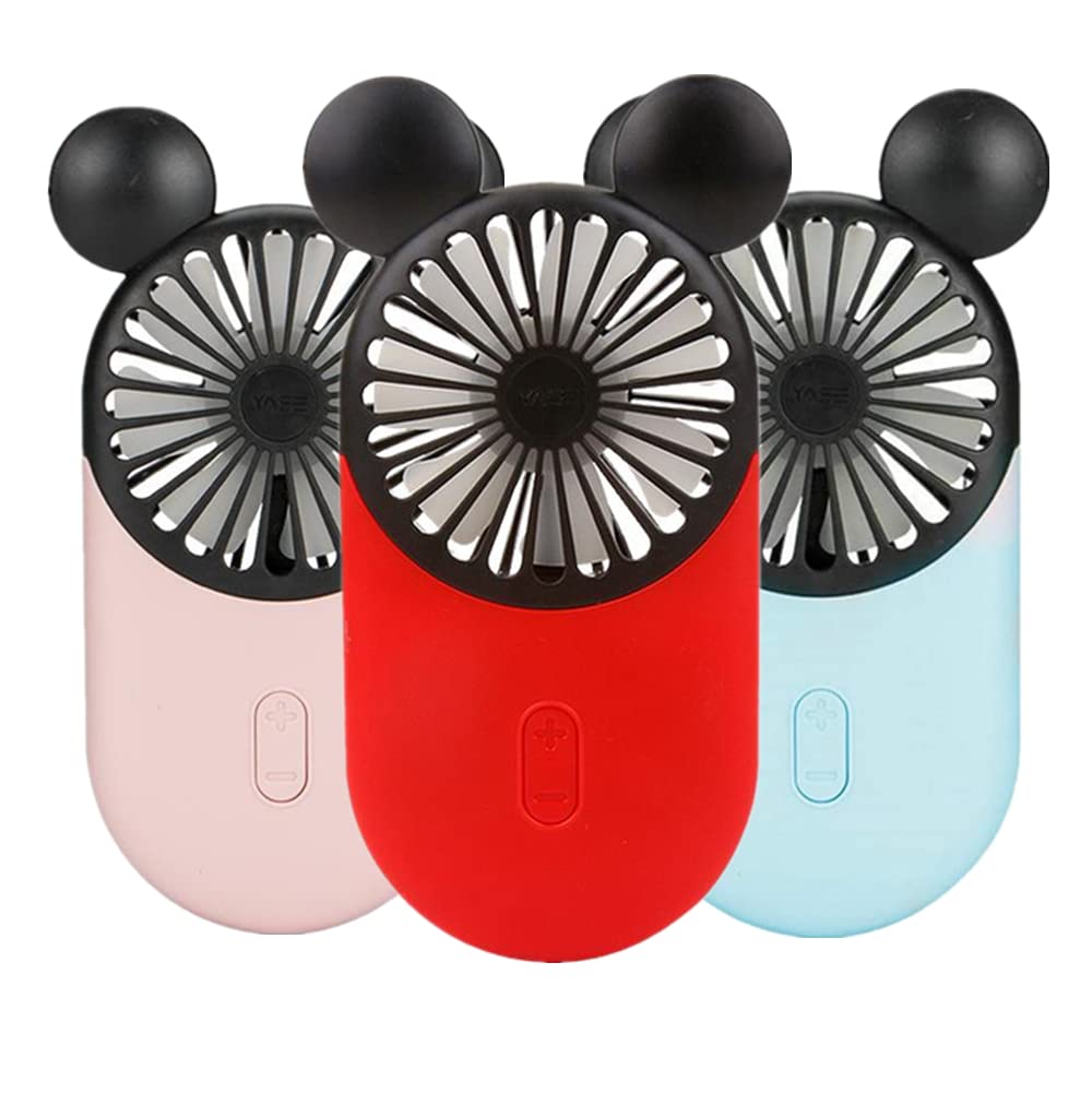Cute Mouse Personal Mini Fan, Rechargeable Handheld USB Fan, 3 Adjustable Wind Speeds and Wearable Design, Portable Pocket Size for Travel/Outdoor/Vacation/Park Trip (Red+Pink+Blue)