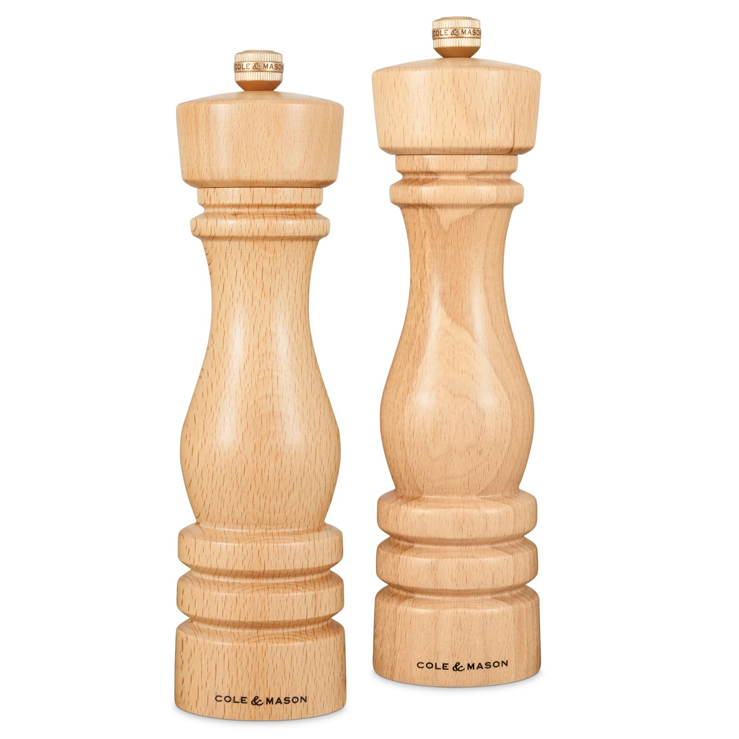 Cole & Mason London Natural Beech Salt and Pepper Mill Set, 220mm, Precision+ Carbon/Ceramic Mechanisms, Salt and Pepper Grinders with Adjustable Grind, Beech Wood, Gift Set