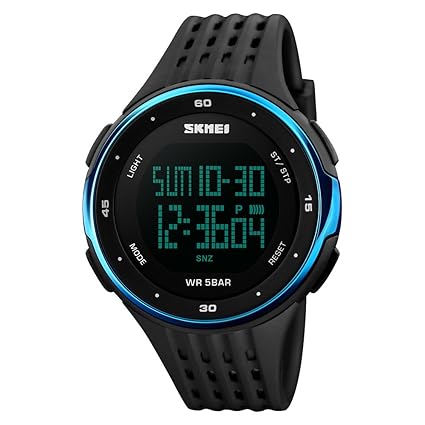 SKMEI Mens Digital Sports Watch Military Waterproof Watches Led Screen Big Face Chronograph with Black Silicone Strap Simple Army