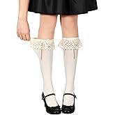 Yolev Women's Lace Ruffle Knee High Socks with Bow,Cute Lace Top Lolita Long Knee High Stockings,Soft Princess for Girls Daily Wear, School Uniforms, Dance & Cosplay