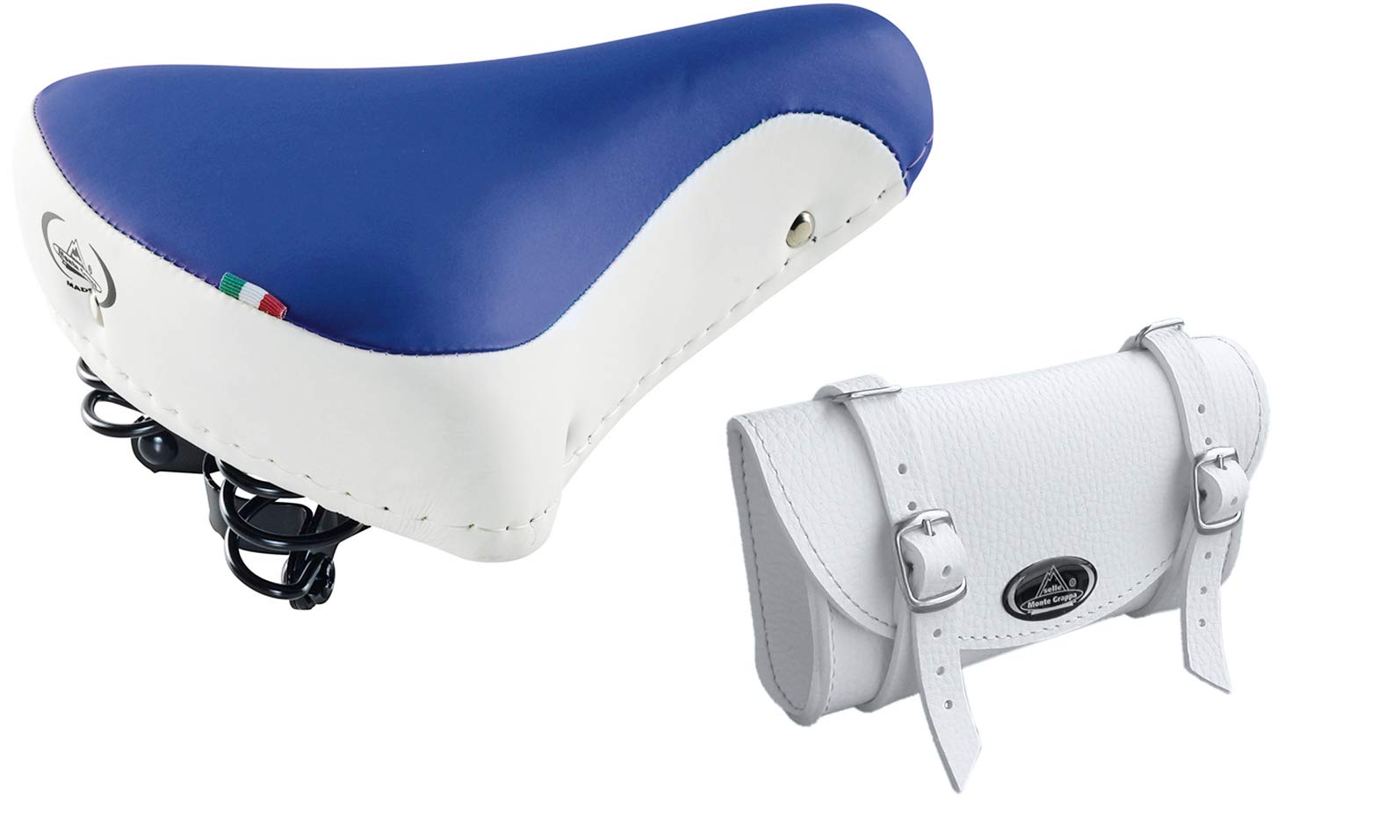 Montegrappa Vintage Saddle Mod. 08 / F & Storage Bag Mod. 0016 - White / Blue, Bicycle Saddle, Faux Leather, Foam Gel, Unisex-Adults