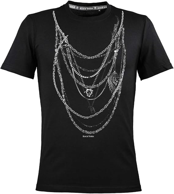 Amazon Tシャツ ネックレス だまし絵 チェーン 薔薇 花 クルーネック 丸首 半袖 プリント スリム 細身 メンズ ブラック黒 Crzkk049 Tシャツ カットソー 通販