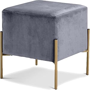 Meridian Furniture Isla Collection Modern | Contemporary Velvet Upholstered Ottoman/Stool with Sturdy Stainless Steel Legs in Gold Finish, 15.5