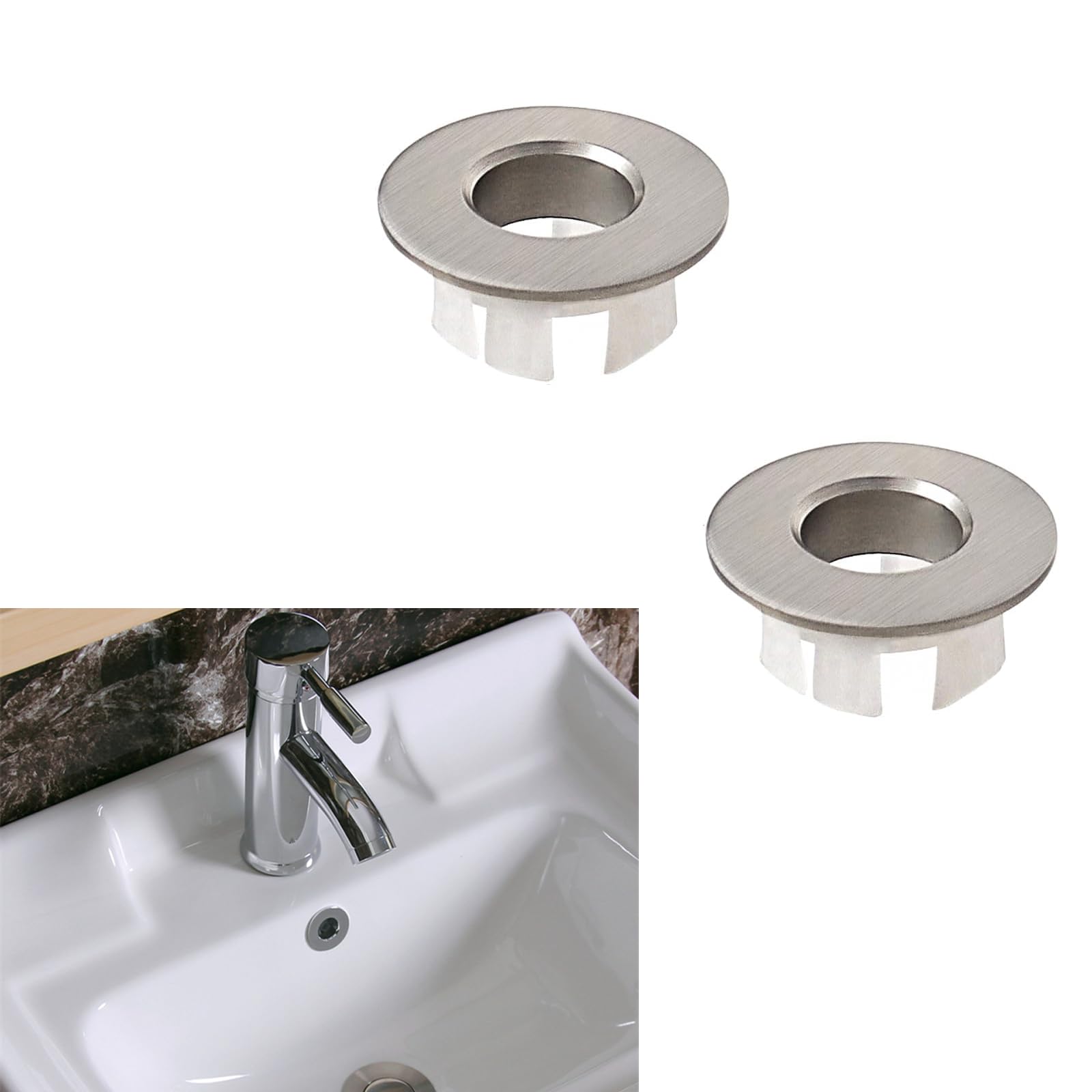 Dakexiong 2 Pcs Brushed Brass Sink Overflow Ring, Brushed Nickel Bath Overflow Cover Insert for Round Overflow Sink Hole Brass Material Sink Overflow Cap for Kitchen and Bathroom(Silver)