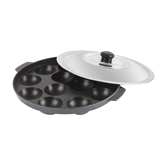 Cello Non-Stick 12 Cavity Appam Patra with Stainless Steel Lid, Blue & Grey