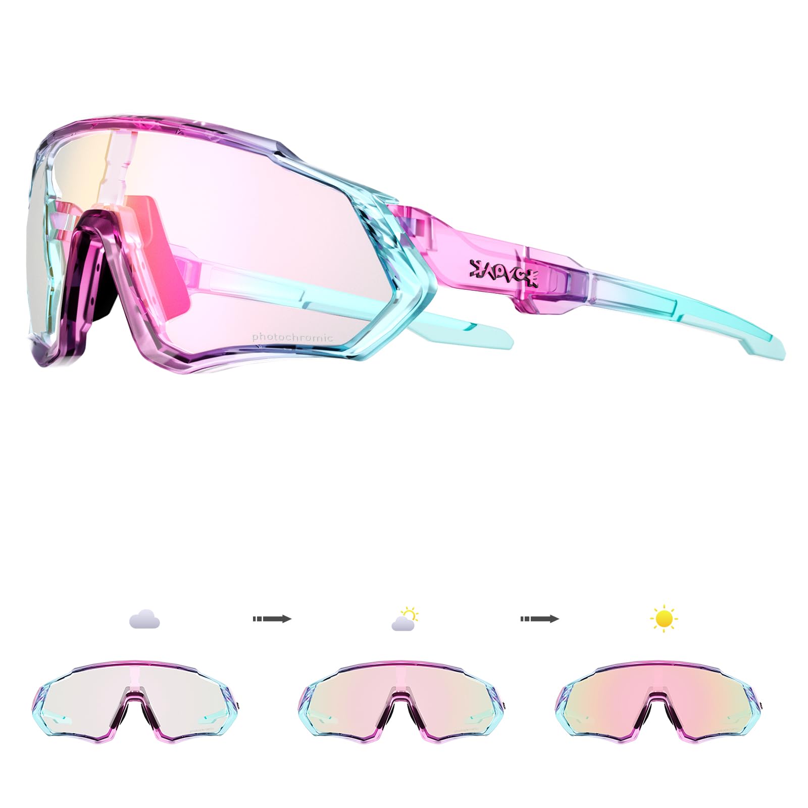 KAPVOE Photochromic Cycling Glasses For Men Women MTB BMX Clear Sports Sunglasses Running Volleyball Tennis Driving Fishing Softball Mountain Golf Hiking 61 Pink