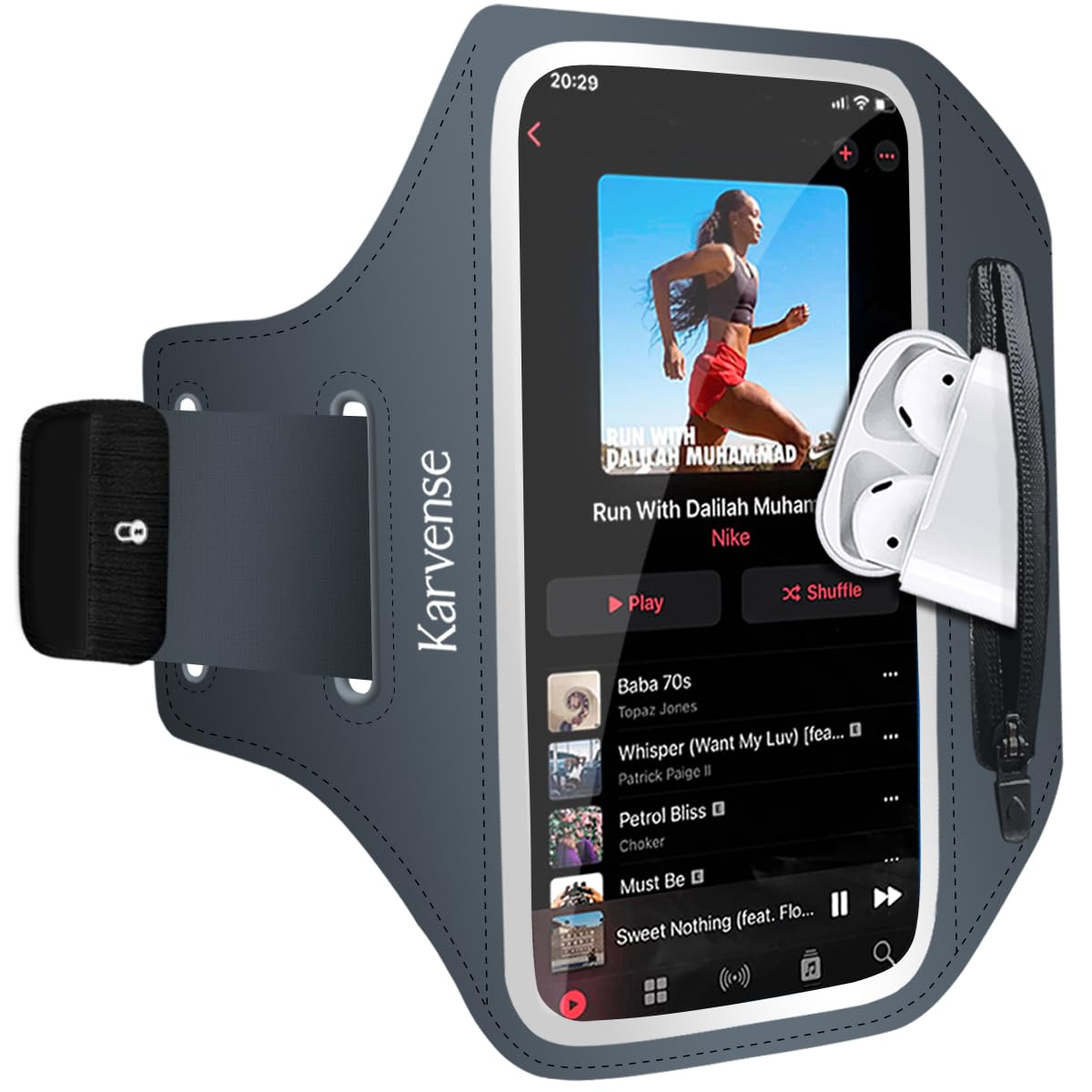 Photo 1 of Karvense Running Phone Holder, Arm Band for Running for iPhone & Samsung Galaxy, Cell Phone Armband Holder for Walking, Gym, Workout, Men, Women, w/Adjustable Strap & Zipper Pocket (Grey-L)
