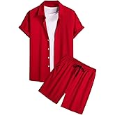 VIPWOLF Men's 2 Piece Short Set Short Sleeve Button Down Shirts and Drawstring Track Shorts Beach Outfits