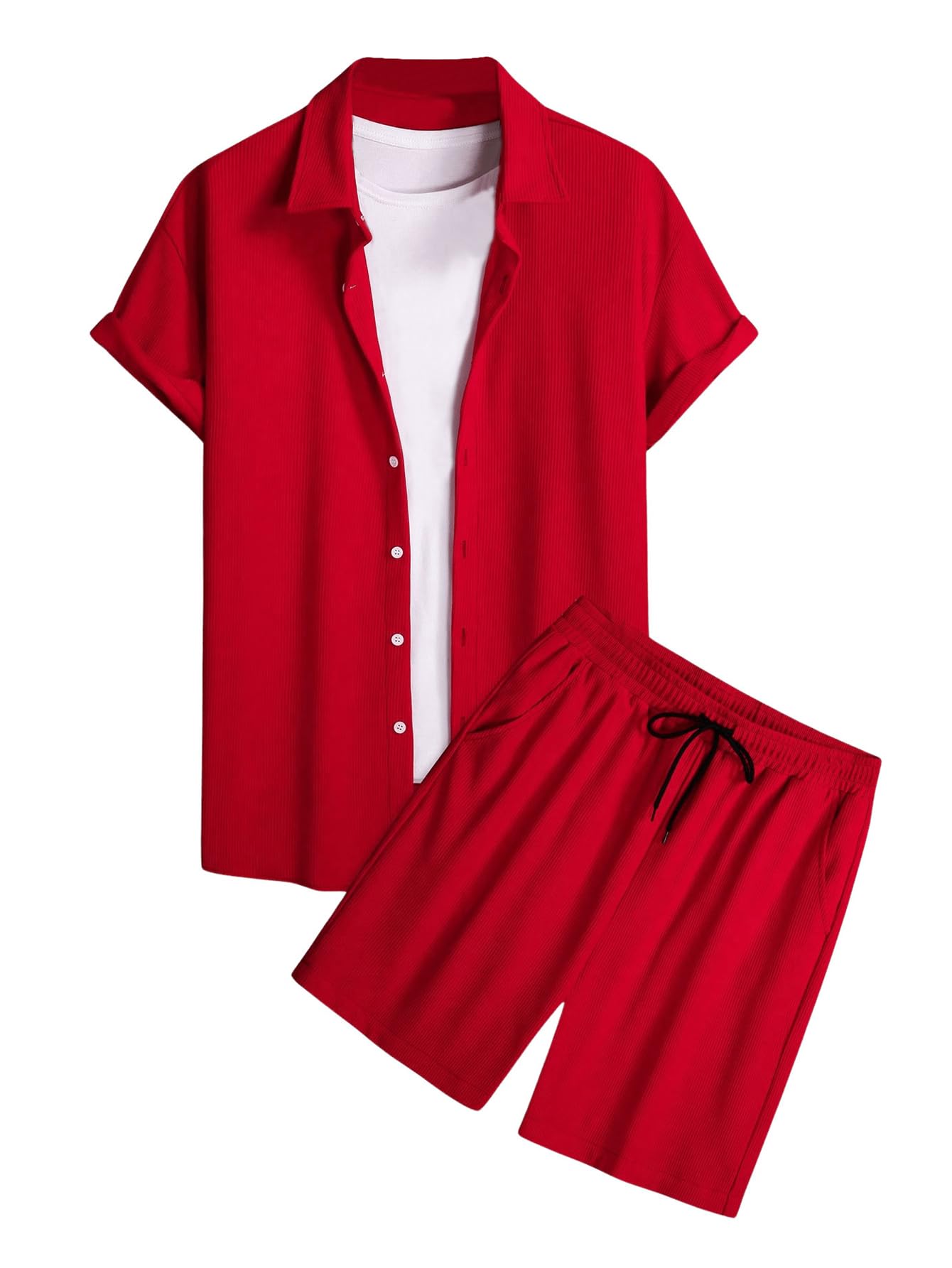 Photo 1 of **Top Only** VIPWOLF Men's 2 Piece Short Set Short Sleeve Button Down Shirts and Drawstring Track Shorts Beach Outfits Red Large
