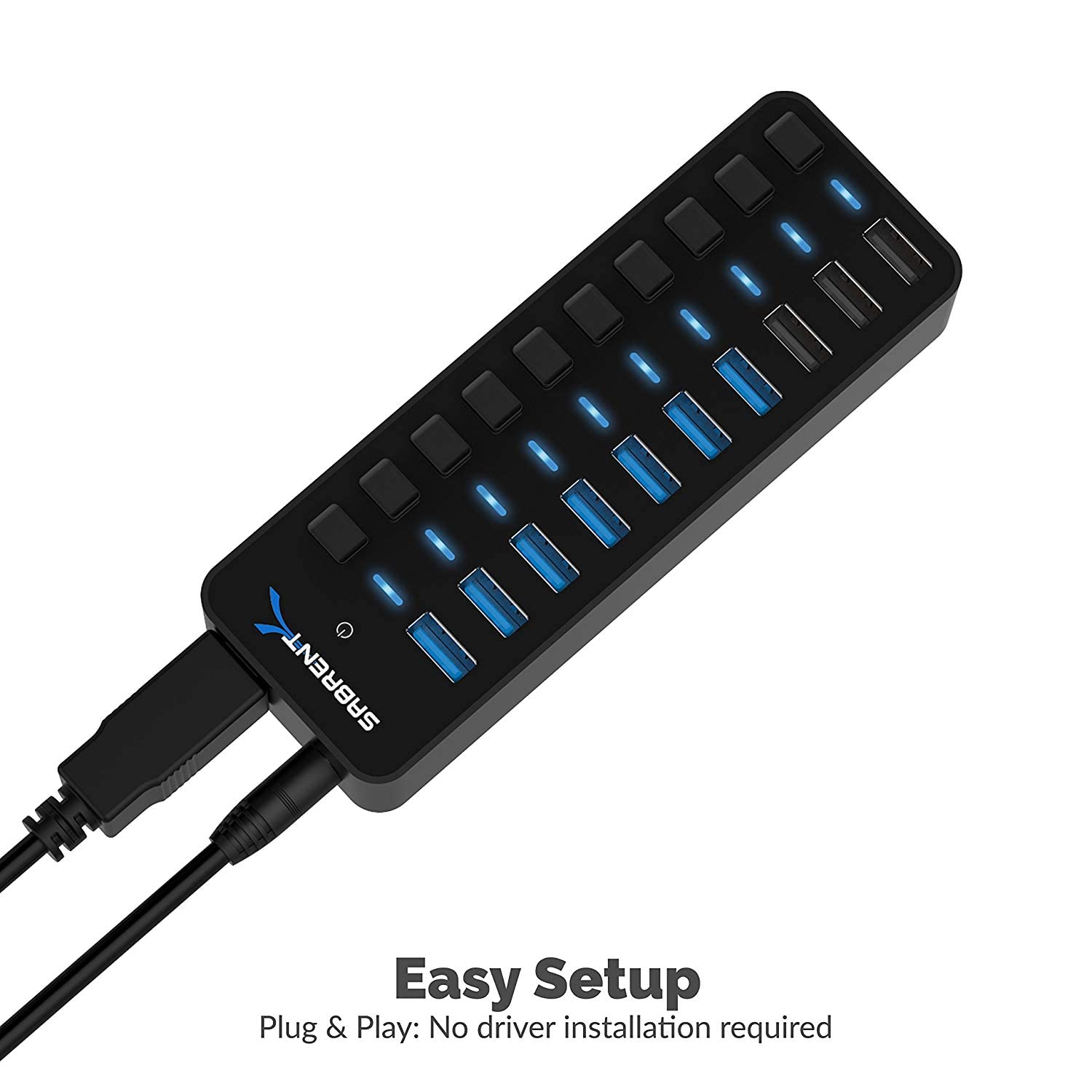 SABRENT 10-Port USB 3.0 Hub, Individual Power Switches and LEDs, 3 Smart Charging Ports, 60W Power Adapter, for PC, Mac, Xbox, PS5, Laptop, Desktop, USB Devices (HB-B7C3)