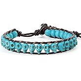 KELITCH New Skull Turquoise Beaded Wrap Bracelet on Brown Leather Handmade Bracelets New Jewelry