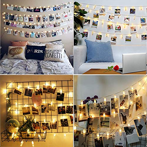 Photo Clips String Lights,40 LED Fairy String Lights for Hanging Pictures,8 Lighting Modes USB/Battery Powered Decor Lights with Remote for Bedroom Wedding Parties (19.7 ft/Warm White) - Thumbnail 5