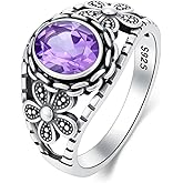 Plesitep Natural Amethyst Rings for Women S925 Sterling Silver Round Purple Healing Crystal Gemstone Birthstone Statement Ring Jewelry for Mom Girlfriend in Size