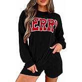 Opemiby Womens Ribbed Pajama Sets Long Sleeve Top and Shorts Matching Lounge Set Loungewear Sweatsuit with Pockets