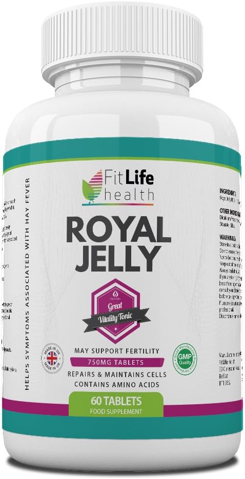 Royal Jelly by Fit Life Health - High Strength 750mg - For Healthy Hair And Skin - Boosts Energy Levels - Helps Fight The Symptoms Of Hay Fever - Suitable For Vegetarians - 60 Tablets - Made In UK by