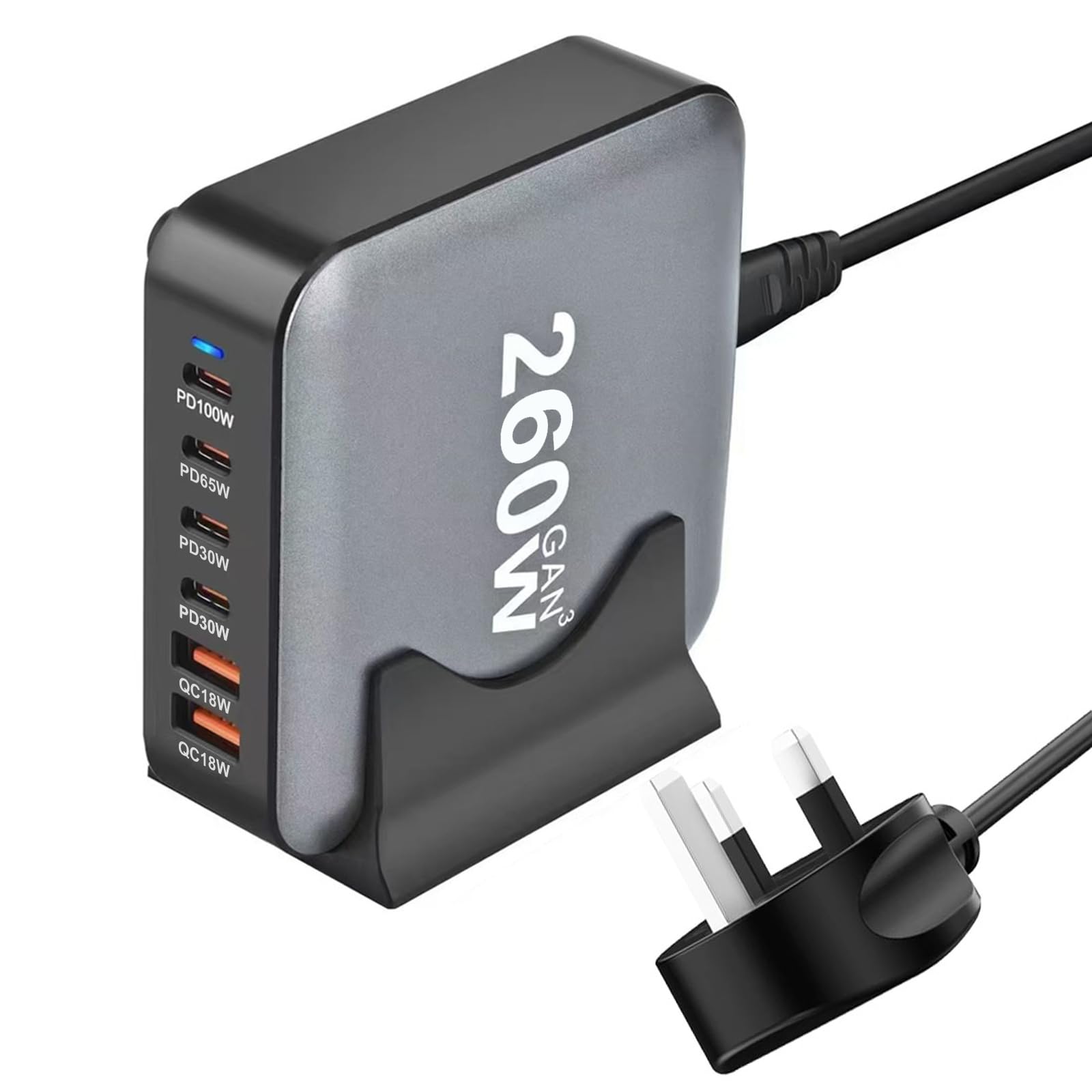 260W USB C Charger Block GaN III USB Desktop Charging Station 6 Ports QC4.0 Fast Charging Station Hub+PD 100W Type C Laptop Charger Adapter Compatible with MacBook Pro Laptop Tablet and Phone