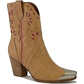 Metal Toe Ankle Boots for Women Western Cowgirl Boots Pointed Toe Boots Stacked Heel Boots Fashion Side Zipper Boots