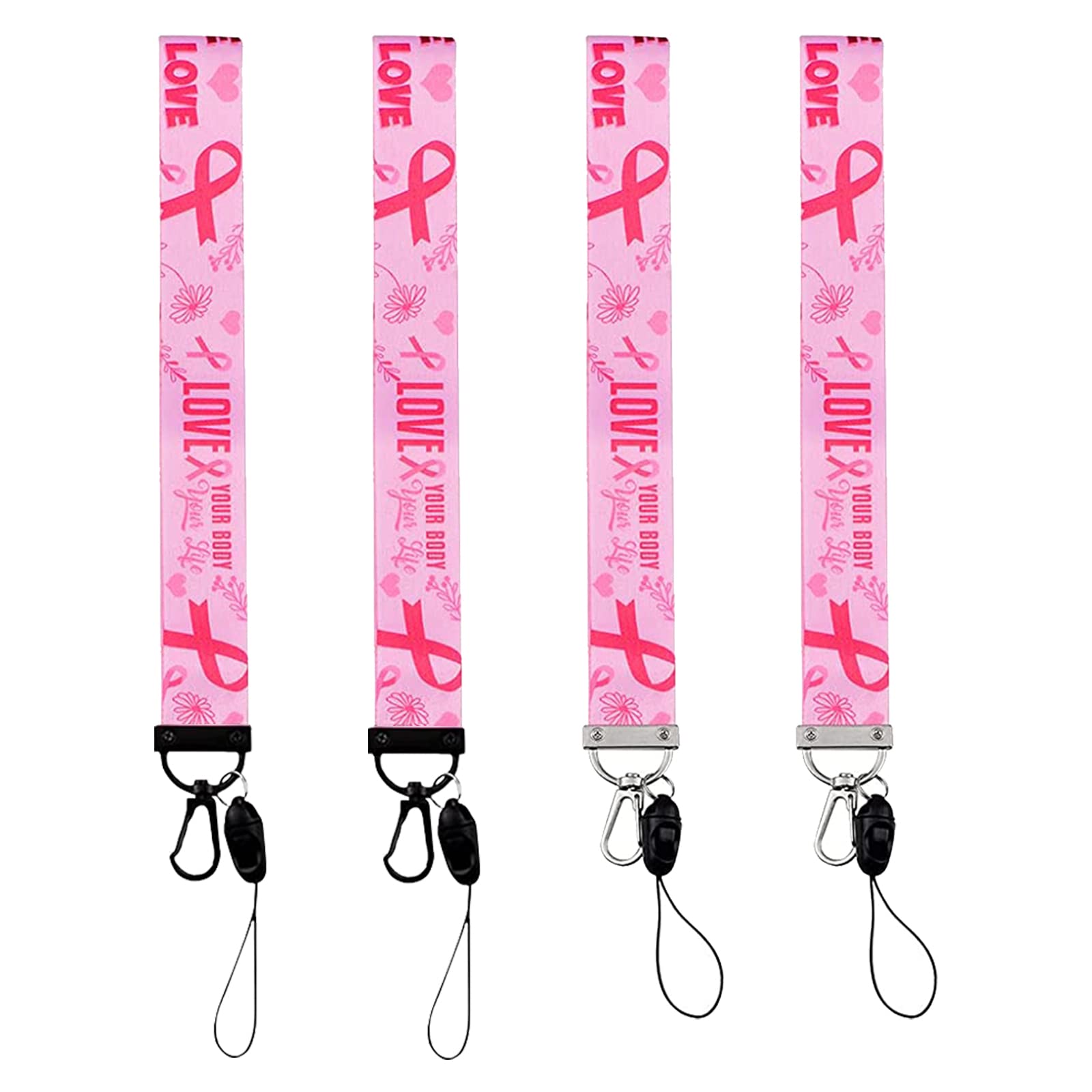 WANDIC Pink Breast Cancer Awareness Lanyards, 4 Pcs Soft & Silky Pink Ribbon Hand Strap Lanyard Detachable Breakaway Buckle For Key Chain ID Badge Holder