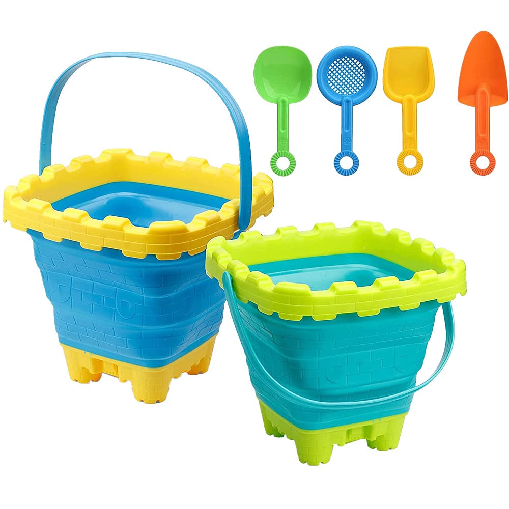 TRIXES 2PK Collapsible Bucket and Spade Set – Ideal for Holiday – Silicone Design – Minimise Space in Luggage – Premium Quality Childrens Holiday Essential – Summer Gift - 6-pieces