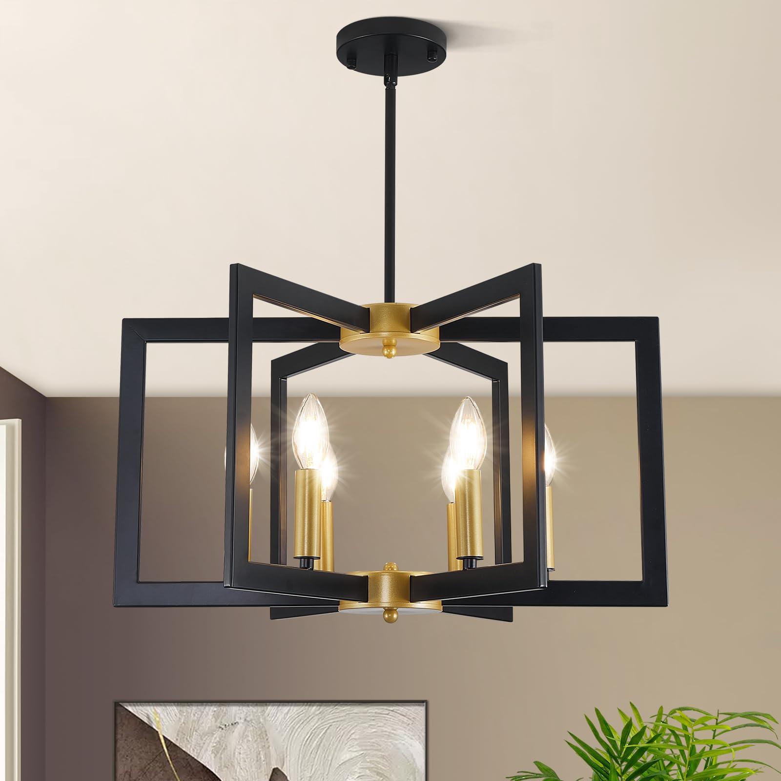 Photo 1 of 21.6" Black and Gold Chandelier,6-Light Geometric Dining Room Fixture,Modern Industrial Foyer Lighting Fixtures,Rustic Farmhouse Hanging Pendant Lights for Living Room,Bedroom,Entryway,Kitchen Island