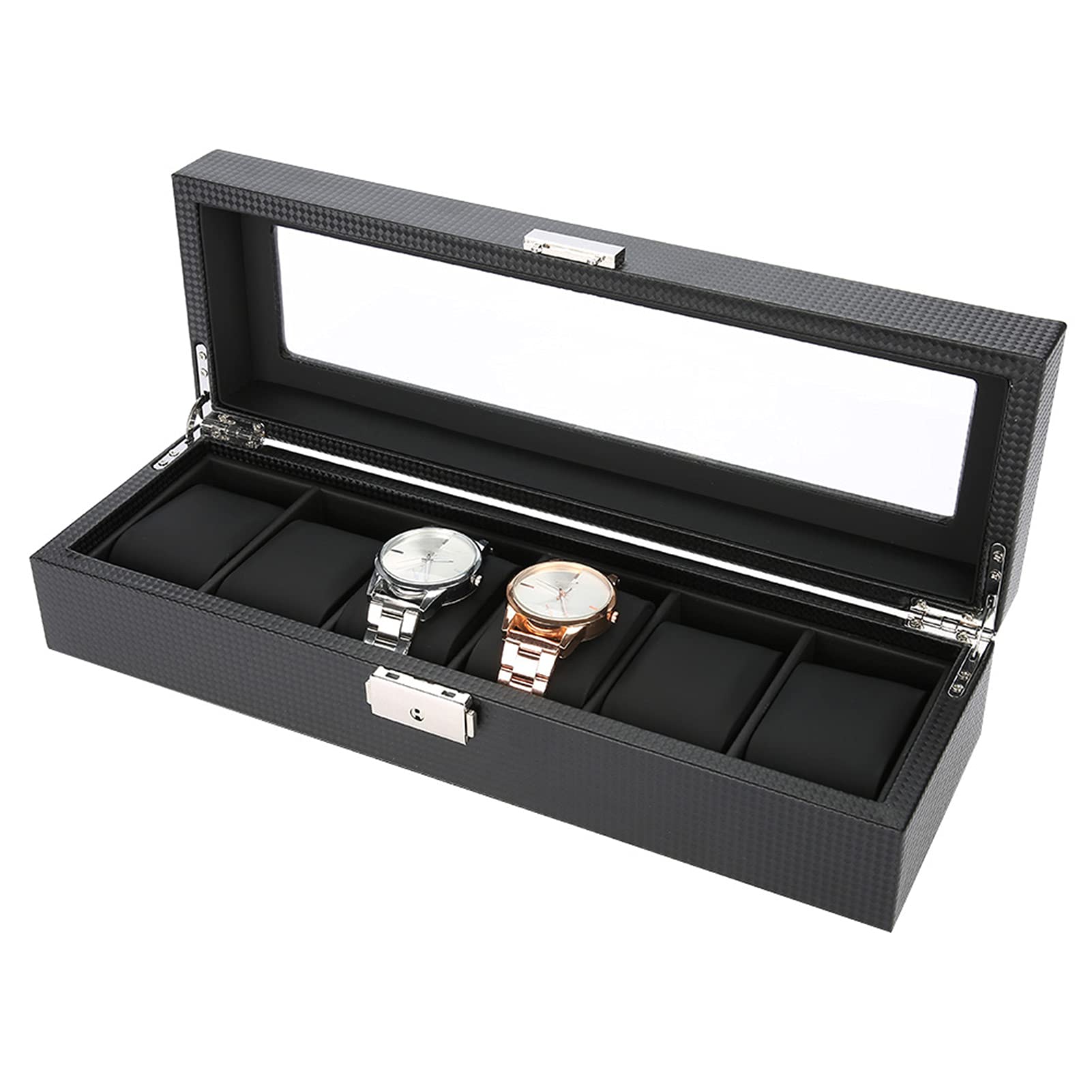 Watch Box, 6 Grids PU Carbon Fiber Leather Watch Holder Wristwatch Display Case Jewelry Gift Storage Box for Watch Display Retail Store and Home Watch Storage
