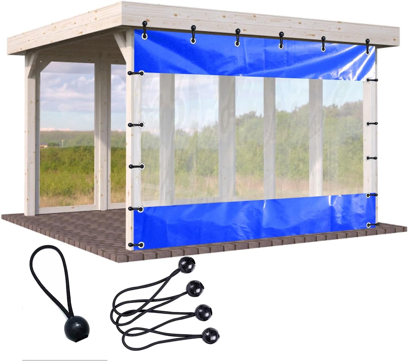 Outdoor Curtains - JINNIS Clear Outdoor Curtains Windproof - Heavy Duty Garden Waterproof Outdoor Curtain with Spherical Elastic Rope, for Patio, Porch, Pergola, Terrace, Arbor (Blue, L 10ft x W 8ft)