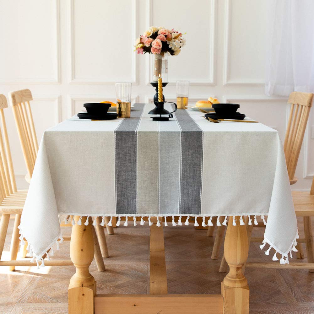 Deggodech Elegant Stitching Tassel Tablecloth Rectangular Cotton Linen Table Cloth Rectangule Grey Dustproof Table Cover Washable for Kitchen Dinning Table Decoration (Grey Style, 140*180cm/55"*71")