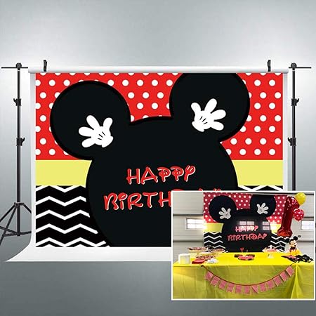Amazon Riyidecor アニメ ネズミ ハッピーバースデー 背景 水玉 赤 黒 ストライプ プリンセス 子供 写真撮影 背景 7x5フィート 装飾 お祝い パーティー 写真撮影 背景 ビニールクロス バックペーパー 背景布 通販