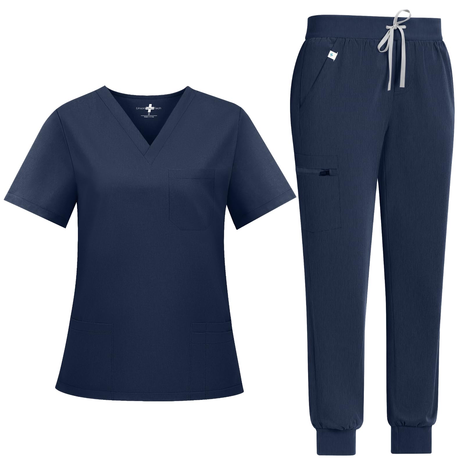 Photo 1 of UnionMed Tech Scrubs for Women Set Medical Uniform - Stretch Slim Fit V-Neck Scrub Top & Jogger Pant with 9 Pockets (SIZE UNKNOWN)
