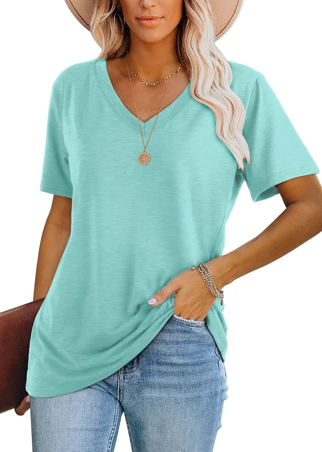 WIHOLL Womens T Shirts Short Sleeve V Neck Plain Summer Tops: Clothing