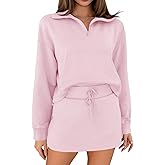 Fisoew Womens Sweatsuits 2 Piece Outfits Quarter Zip Cropped Sweatshirts Casual Mini Skorts Lounge Wear Skirts Sets