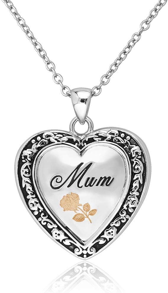 Uniqueen Mother's Gift Heart Engraved Rose Flower I Love You Mum Locket Pendant on Curb Chain 18 inch Necklace