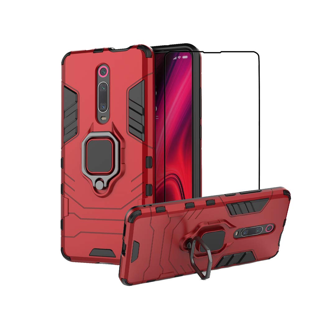 2ndSpring Case for Xiaomi Mi 9T / 9T Pro/Redmi K20 / K20 Pro + Tempered Glass Screen Protector,Hybrid Heavy Duty Protection Shockproof Defender Kickstand Armor Case Cover,Red