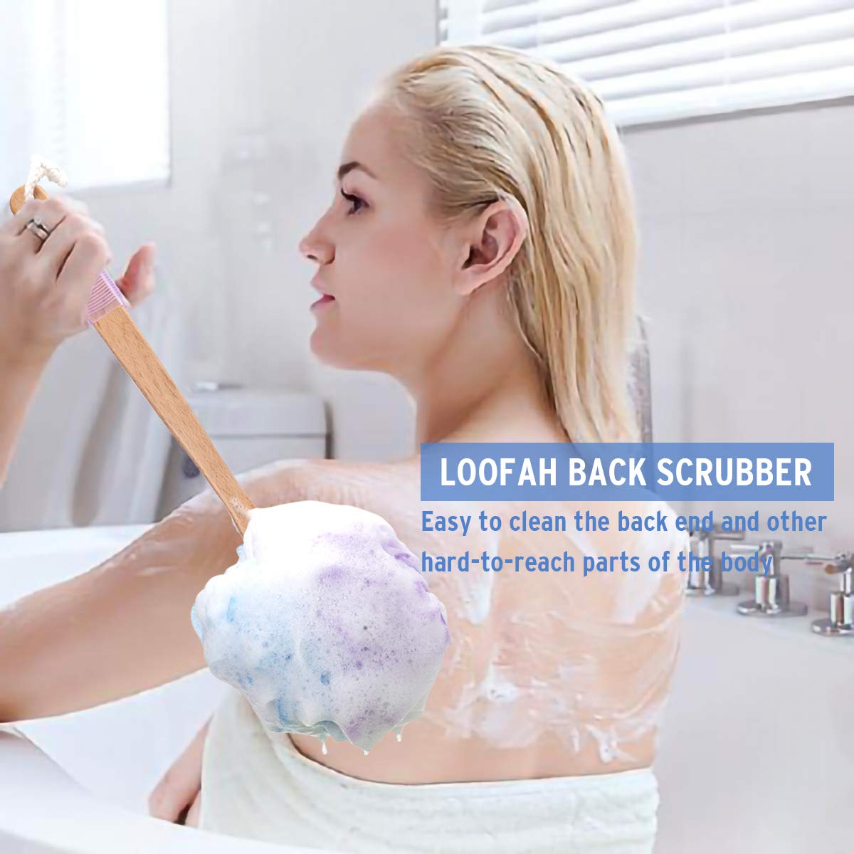 AmazerBath Shower Sponge Loofah Back Scrubber, PE Soft Mesh Loofah Body Scrubber with Long Wooden Handle, Bath Sponge for Men Women (Purple) : Beauty
