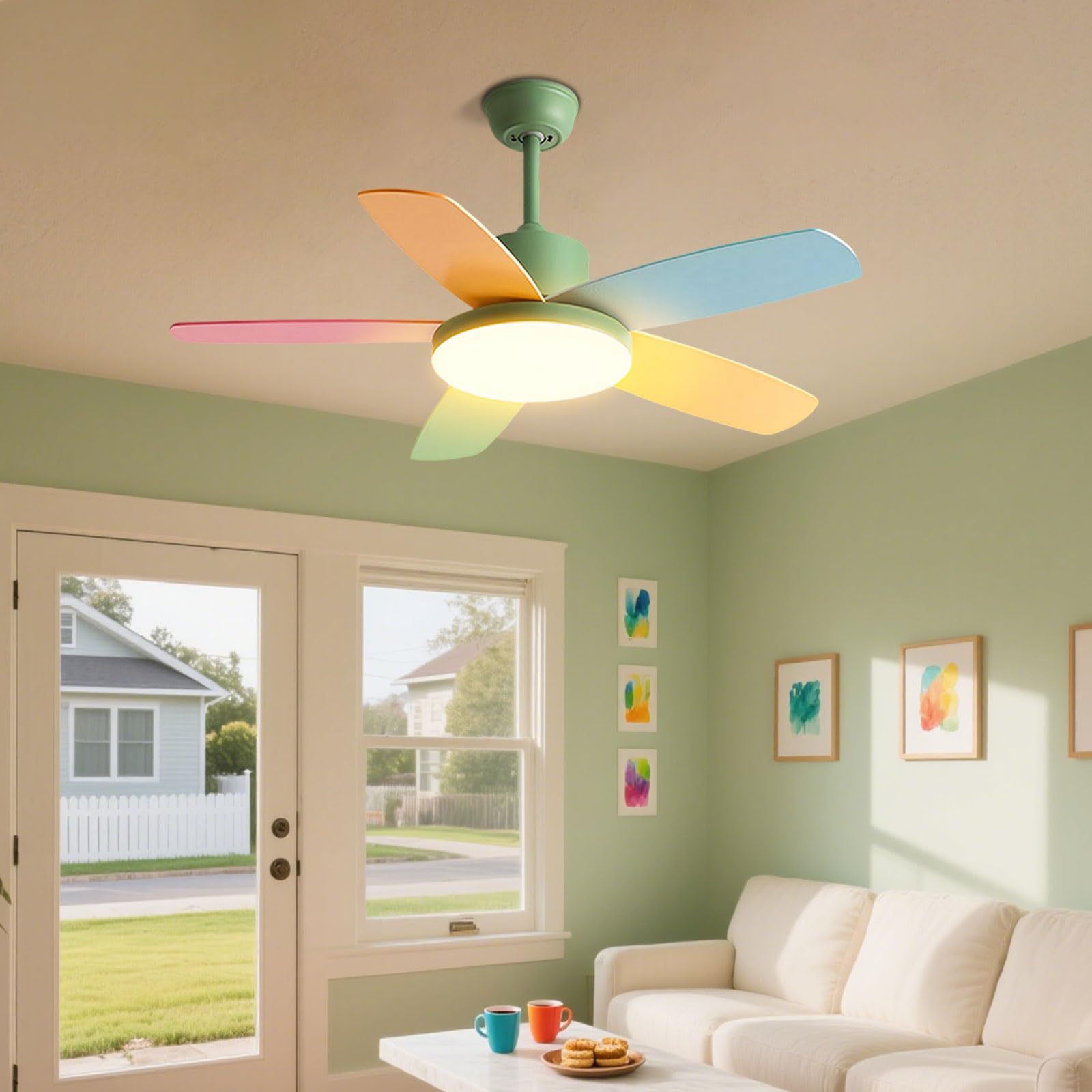 Photo 1 of IBalody Modern Colorful Ceiling Fan with Light Remote 6 Speed Quiet 36in Ceiling Fans 60W LED 3-Color Changing Green Ceiling Fan Light for Kids Room Bedroom Nursery Living Room Playroom