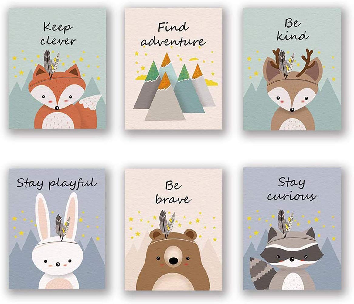 UKART Set of 6 - HycArt Woodland Animal Art Print, Safari Fox Rabbit Reindeer Bear Mountain Inspirational Quote Canvas Wall Print for Kids Bedroom Classroom (No Frame,8"X10")