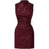 RoseSeek Women's PU Leather Ruched Bodycon Dresses Mock Neck Sleeveless Zipper Mini Tank Dress