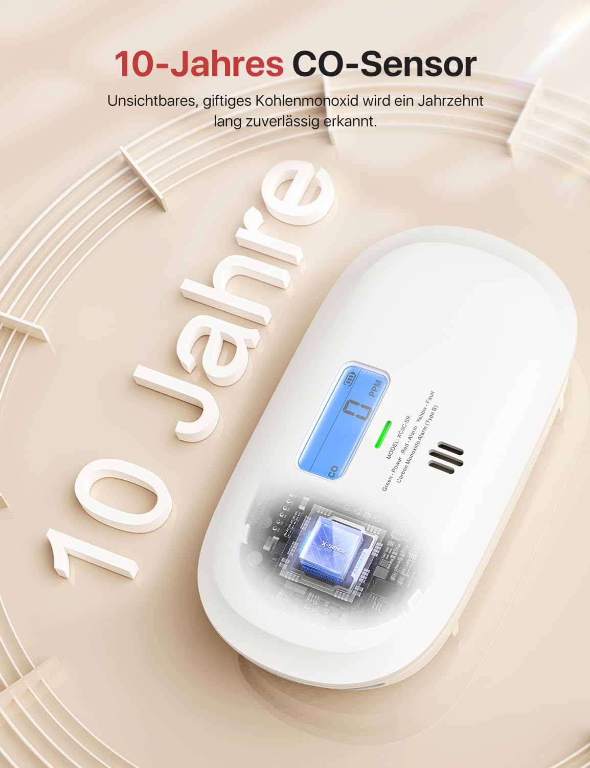 X-Sense Kohlenmonoxid Melder, TÜV Rheinland Zertifiziert, 10 Jahre Sensor, CO Melder mit austauschbarer Batterie und digitalem Display, Kohlenmonoxid-Melder mit Testknopf, XC0C-SR 3
