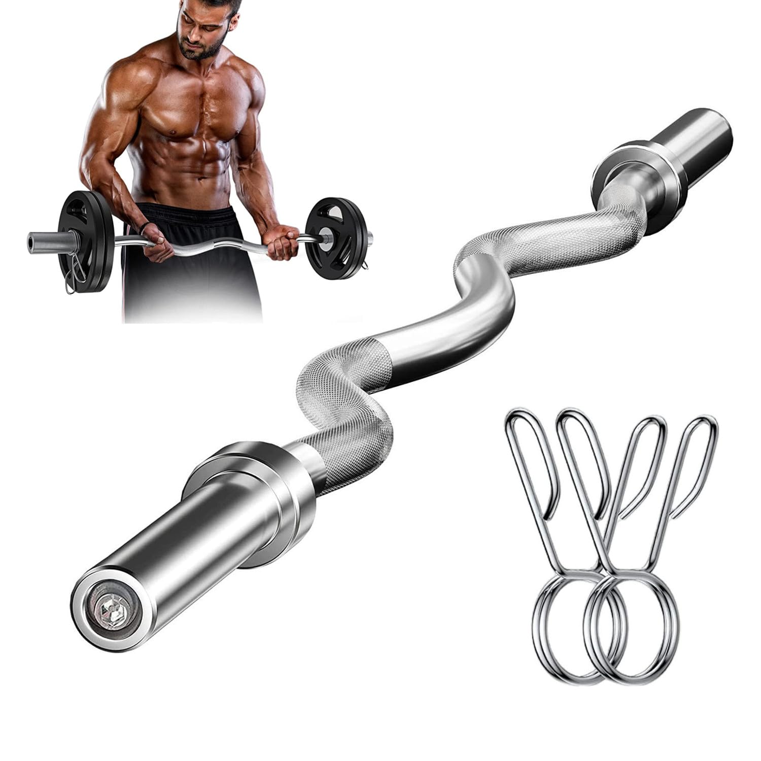Nisorpa 47inch Curl Bar Weight Lifting Barbell Bar with Non-Slip Hand Grip and 2 Spring Collars Bicep Curling Bar for Weights Strength Training Muscle
