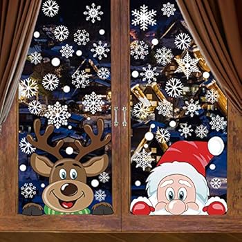 VEYLIN 6 Sheets 300 Pcs Christmas Window Clings, Snowflake Reindeer Santa Claus Window Stickers for Christmas Window Descoration
