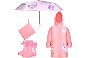 Huhumy 4 Pcs Kids Girls Unicorn Poncho Umbrella Raincoat Set for Pink Unicorn Accessories Rain Shoes Cover Size XL for Kids 5-10 Years