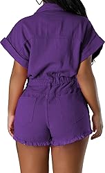 Casual Denim Button Down Romper for Women Sexy V