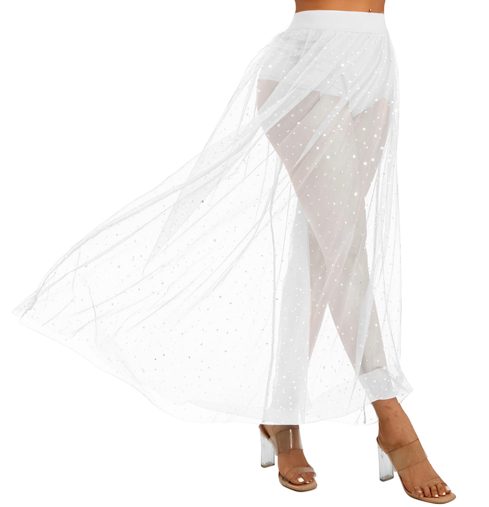 Photo 1 of Rave Outfits for Women 2 in 1 Sheer Skirt Festival Clubwear Mesh High Waist Print A Line Maxi Skirt White Star-L