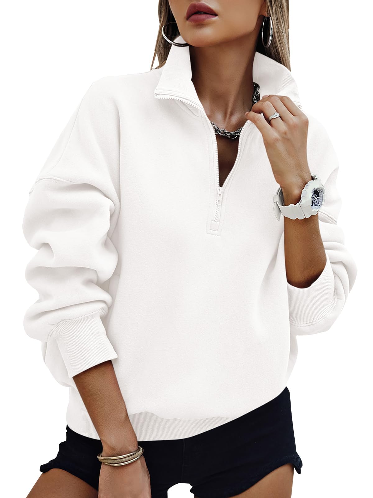 Photo 1 of PRETTYGARDEN Womens Half Zip Oversized Sweatshirts Fleece Hoodies 2025 Trendy Long Sleeve Pullover Tops Y2k Fall Outfits (White,XL)
