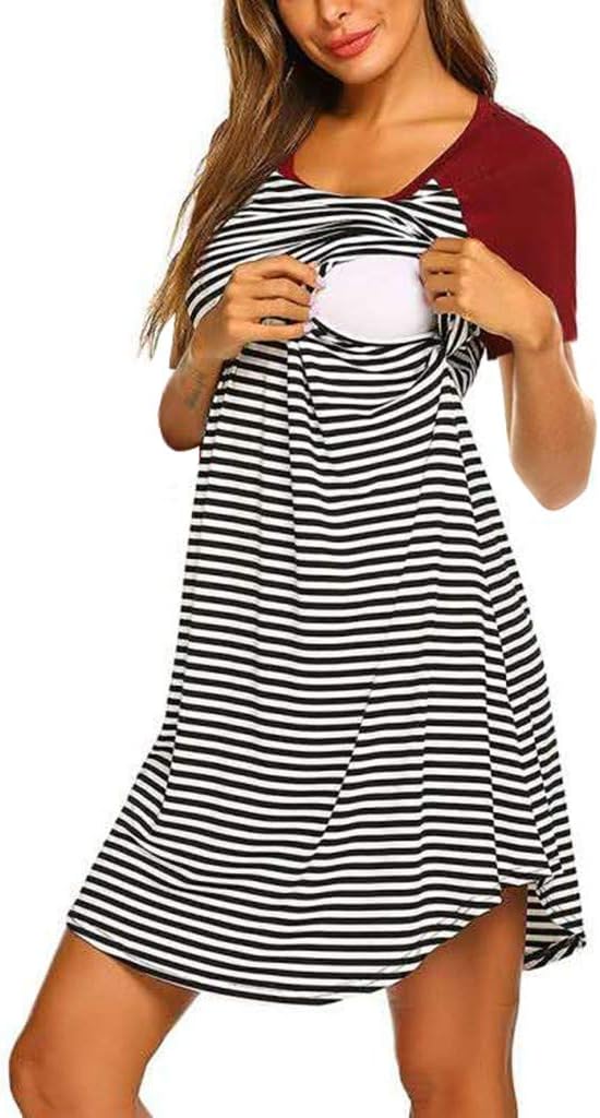 Mumustar Women's Maternity Dress Nursing Breastfeeding Hospital Bag Nightdress Shirt Striped Sleepwear Pyjamas Nightgown
