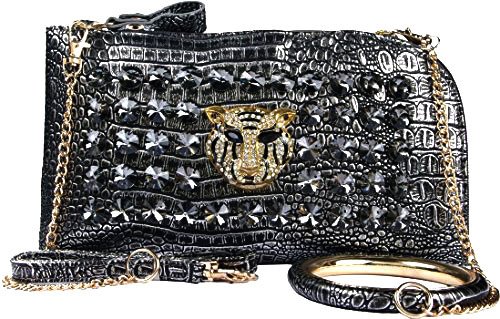 Authentic Arcadia Handmade Metallic Evening Bag Gold Tiger Rhinestones And Bangle Bling With Triple Option Adjustable Chain Shoulder Straps: Zh3012-Pr (777215301207)