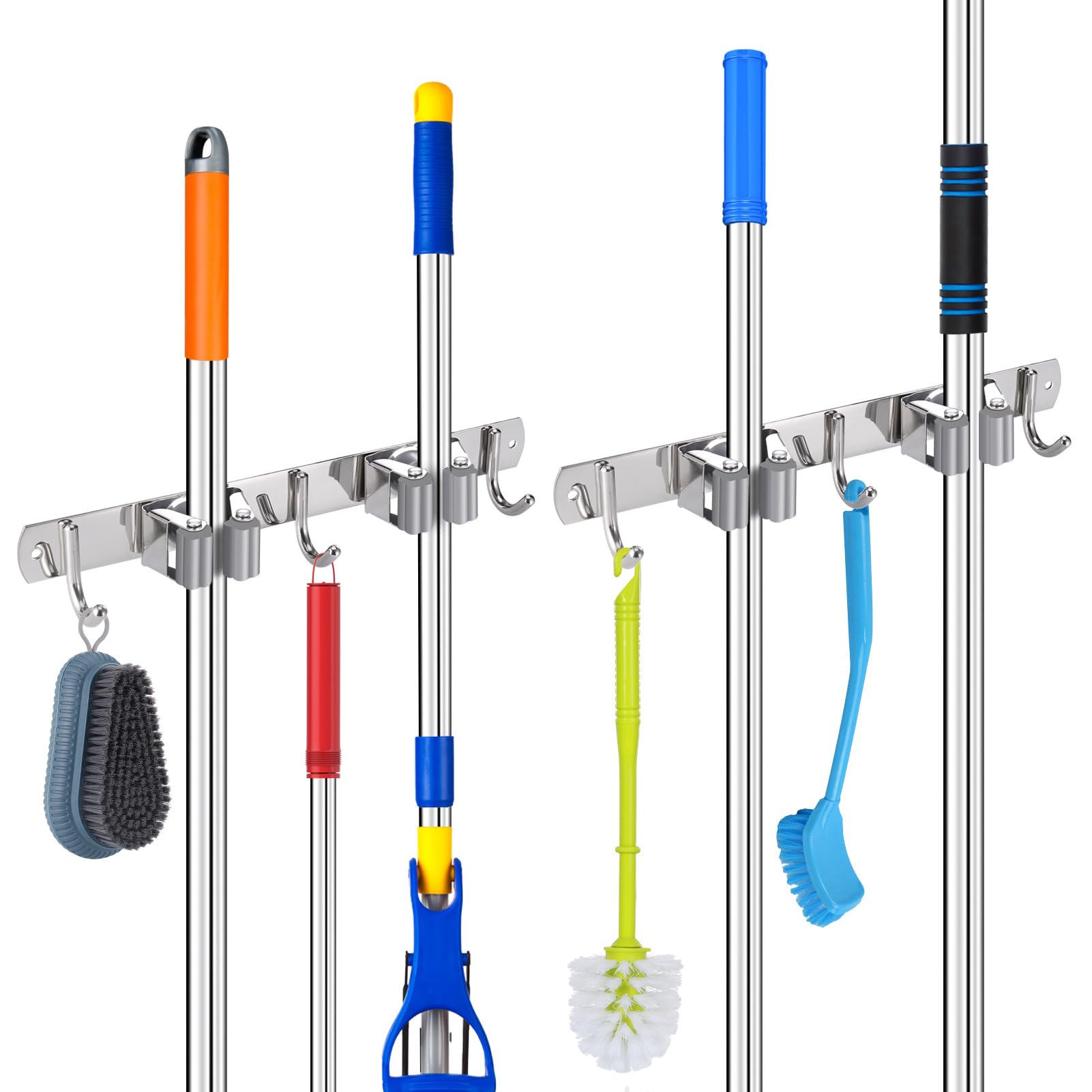 Hejo Mop Holder Wall Mounted, 2 Pack 2 Racks 3 Hooks 304 Stainless Steel Heavy Duty Broom Holder for Bathroom, Kitchen, Garage, Garden Tool Organizer, Brush Mop and Broom Gripper