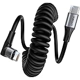SUNGUY Coiled USB C to USB C Cable, 2-Pack 5FT【Comfortable Length:1.3-3.3FT】, Right Angle USB-C for Car, USBC to USBC Android Auto Carplay, for iPhone 17 16 15 Pro Max, Galaxy S24 S23 S22 (Grey)